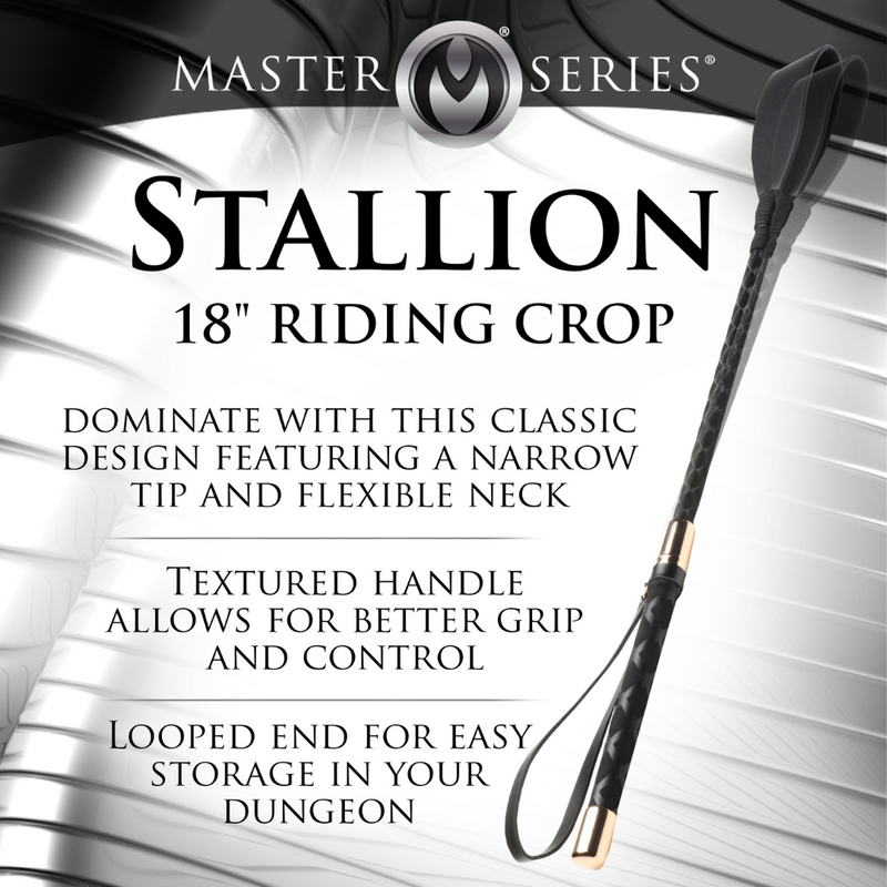 Master Series Stallion 18 in riding crop: black vegan leather crop with a narrow tip, textured handle and looped end