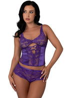 SATIN PETALS BUSTIER & BOY SHORT SET PURPLE S/M