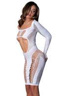 Close angled view of the white Seamless Crystal Dress with its rhinestones and cut-outs