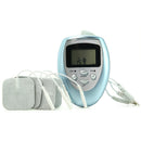 Zeus Power Box electro stim system: light blue handheld unit with LCD screen, lead wires and four adhesive pads