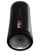 PDX Elite Moto Blower: black stroking, sucking and vibrating masturbator with a clear textured entry and T, S, R, V buttons