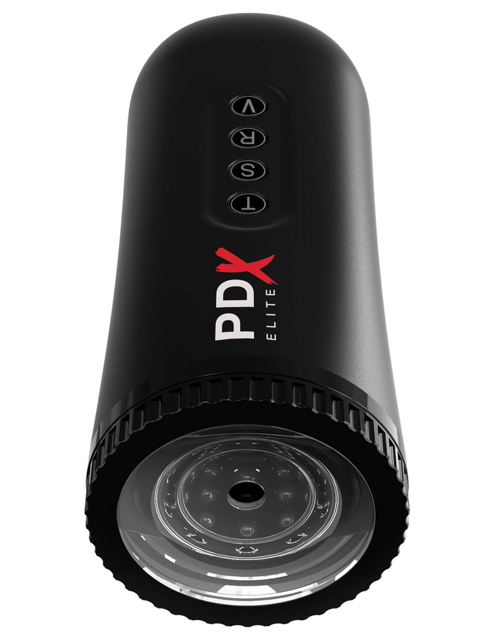 PDX Elite Moto Blower: black stroking, sucking and vibrating masturbator with a clear textured entry and T, S, R, V buttons