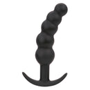 CalExotics Boundless Vibrating Beaded Plug: black silicone rechargeable anal plug with 5 beads and a curved anchor base