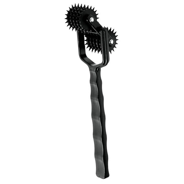 Master Series Transfix Wartenburg wheel: black pinwheel with two spiked heads on a hinged frame and a wavy grip handle