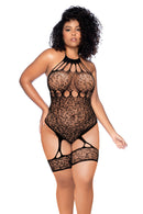 LEOPARD HALTER FISHNET BODYSUIT BLACK Q/S