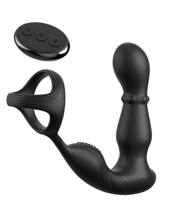 Anal Fantasy Elite Ass-Gasm Slide and Glide: black silicone prostate vibrator with attached cock ring and remote