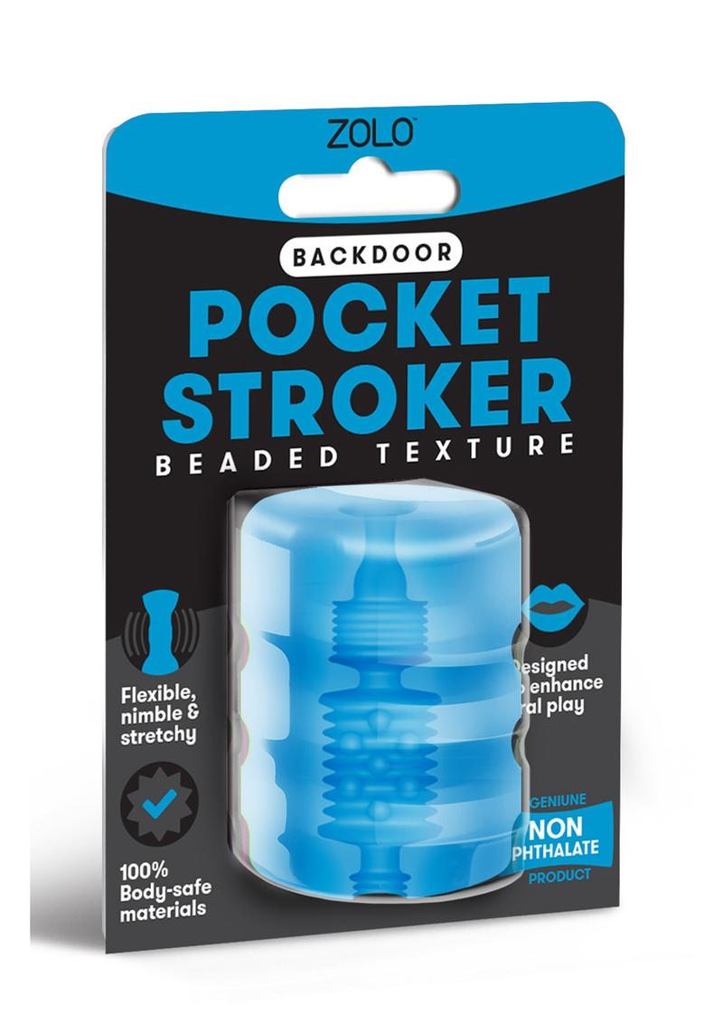 Zolo Backdoor Pocket Stroker: blue masturbator sleeve with beaded texture in its blue and black blister pack