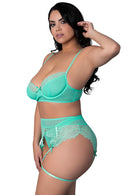 LOVE DEMI BRA THONG & THIGH GARTER AQUA Q/S