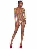 RAINBOW FISHNET LONG SLEEVE MINI DRESS O/S