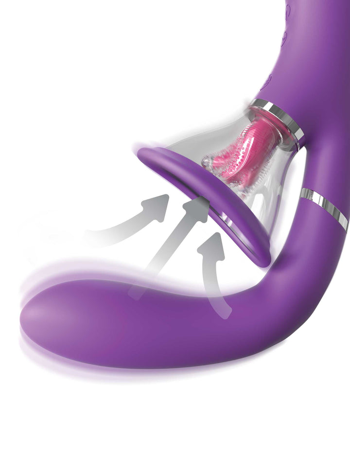 Fantasy For Her Ultimate Pleasure Pro: purple curved vibrator with a pink licking tongue in a clear suction cup