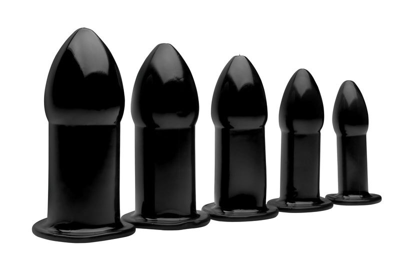 Master Series Expansion anal dilator set: five glossy black anal plugs in graduated sizes, lined up side by side