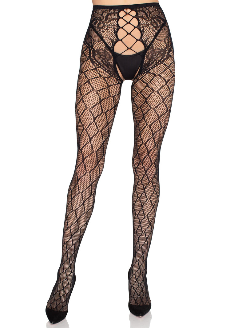 Faux Layer Net Tights with Crotchless Floral Panty