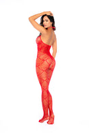 HEART FISHNET BODYSTOCKING WITH RHINESTONE DETAIL RED O/S