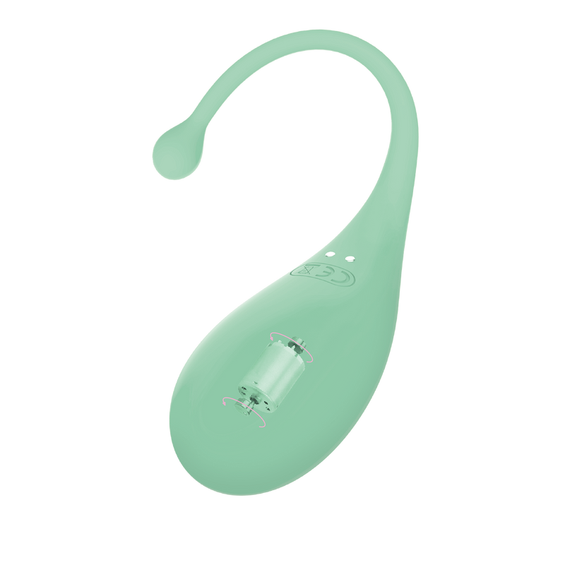 Adrian Lastic Palpitation: mint green wearable vibrating egg with a curved tail and a see-through view of its motor