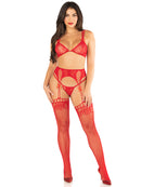 LACE BRA GARTER BELT & STOCKINGS RED O/S
