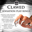 Master Series Clawed sensation play rings: five stainless steel claw finger rings, adjustable and nickel-free, worn on a hand