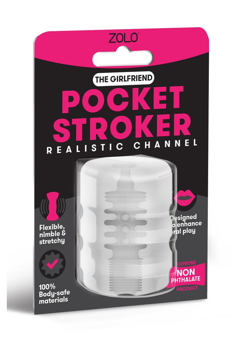 Zolo The Girlfriend Pocket Stroker: clear masturbator sleeve with a realistic channel in its pink and black blister pack