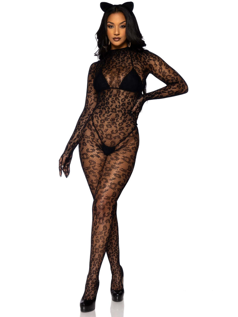 SEAMLESS LEOPARD NET GLOVED BODYSTOCKING BLACK O/S