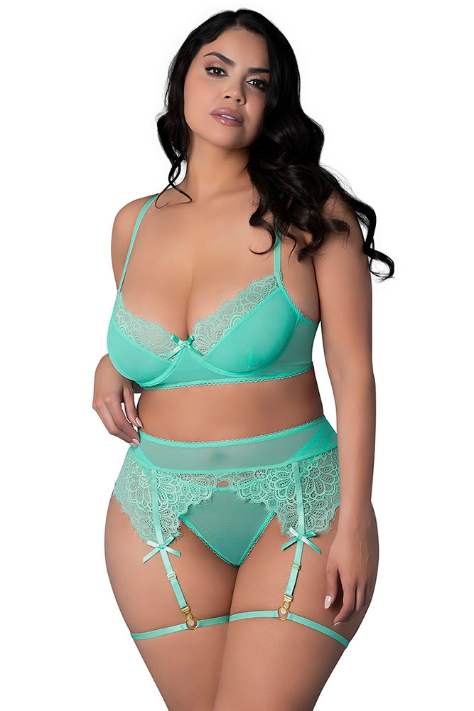 LOVE DEMI BRA THONG & THIGH GARTER AQUA Q/S