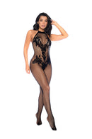 HALTER AND CROTCHLESS FLORAL BODYSTOCKING BLACK O/S