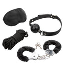 CalExotics Pleasure Kits Explorer Collection: black satin eye mask, ball gag, rope and furry handcuffs with keys