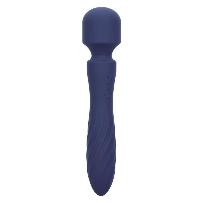 CalExotics Charisma Mystique: navy blue silicone dual-ended wand massager with a round head and swirl-textured handle