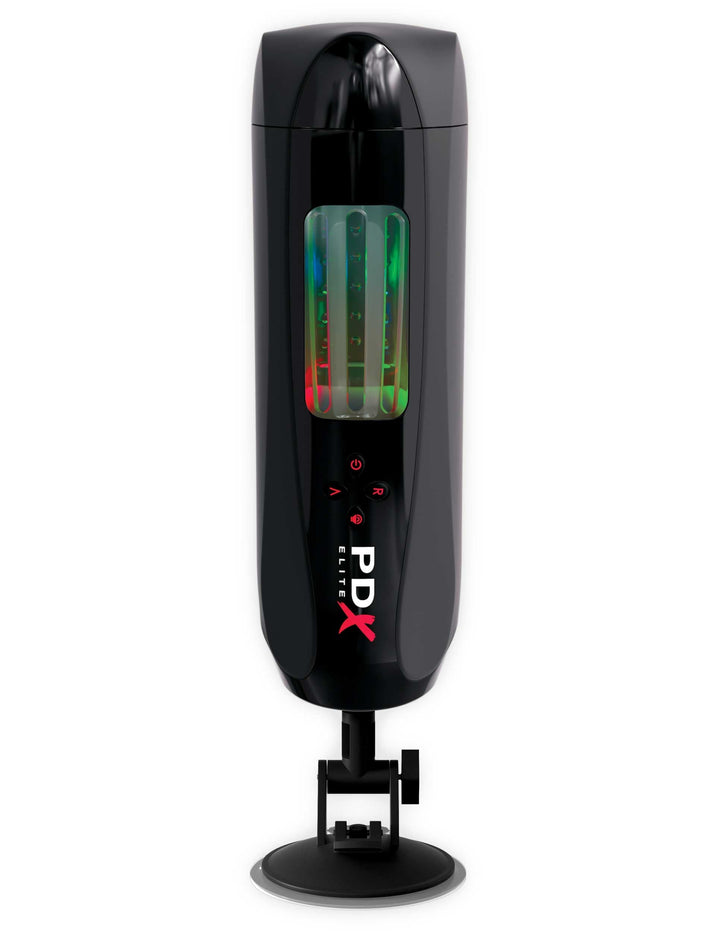 PDX Elite Ultimate Milker 2: black gyrating automatic stroker with a clear lit sleeve window on a suction cup mount