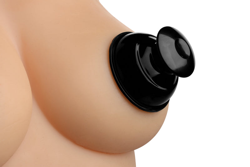 Master Series Extreme Plunger nipple suckers: black plunger-style suction cup with a mushroom handle, worn on a display form