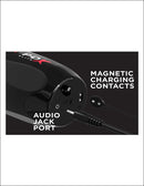 Close-up of the Ultimate Milker 2 base: magnetic charging contacts and audio jack port