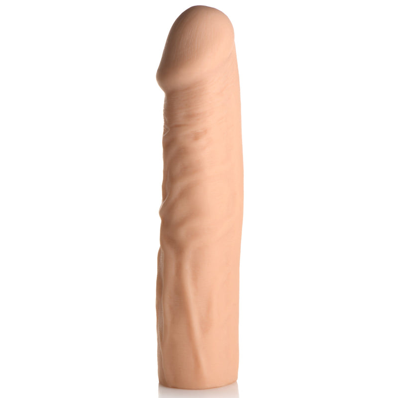 Jock Extra Long 1.5 in penis extender sleeve in light tone: realistic veined silicone sleeve, front view