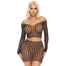 LONG SLEEVE FISHNET CROP TOP & MINI SKIRT SET BLACK O/S