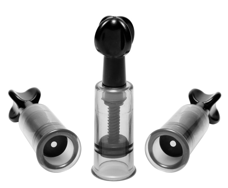 Master Series Fusion triple suckers: three clear twist-style suction cylinders with black knob handles in different sizes