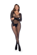 LONG SLEEVE FISHNET RHINESTONE BODYSTOCKING BLACK O/S