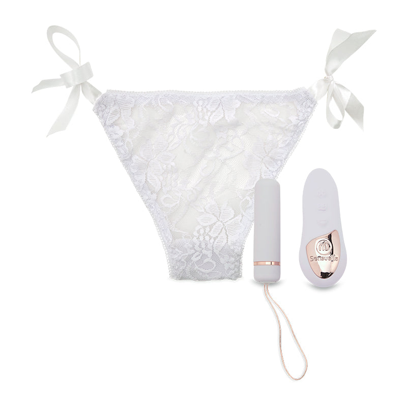 Nu Sensuelle Pleasure Panty in white, one size: lace tie-side panty with a bullet vibrator and remote