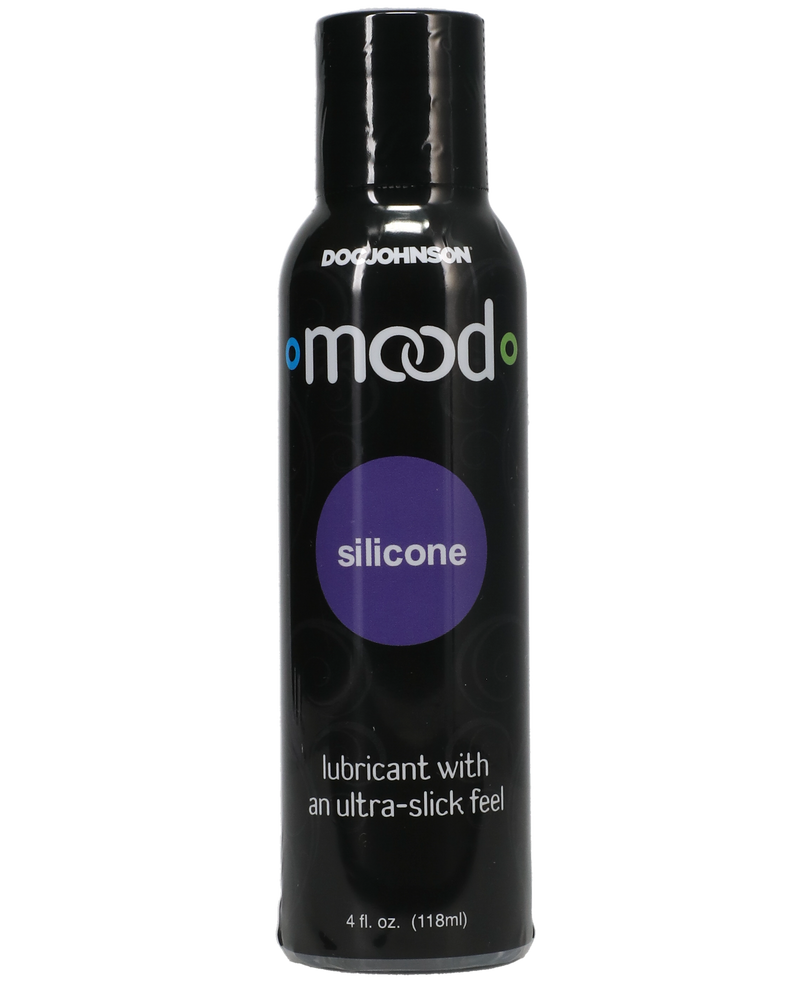 Doc Johnson Mood Silicone lubricant with an ultra-slick feel: 4 fl oz (118 ml) black bottle with a purple label