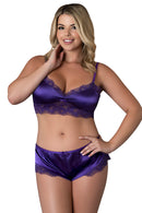 SATIN PETALS BRALETTE & SHORT SET PURPLE Q/S