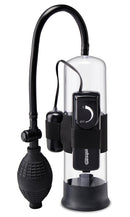 Pump Worx Beginners Vibrating Pump: clear penis pump cylinder with a bulb hand pump and a strapped-on bullet vibrator