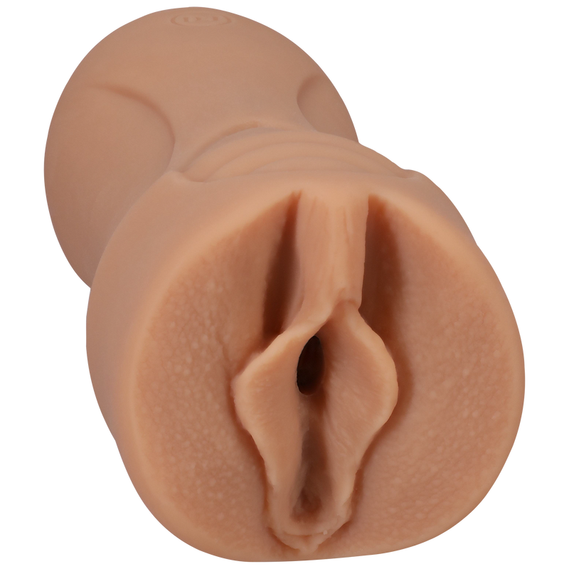 Doc Johnson Signature Strokers Kenzie Anne Pocket Pussy: Ultraskyn masturbator in a tan skin tone with a realistic vulva