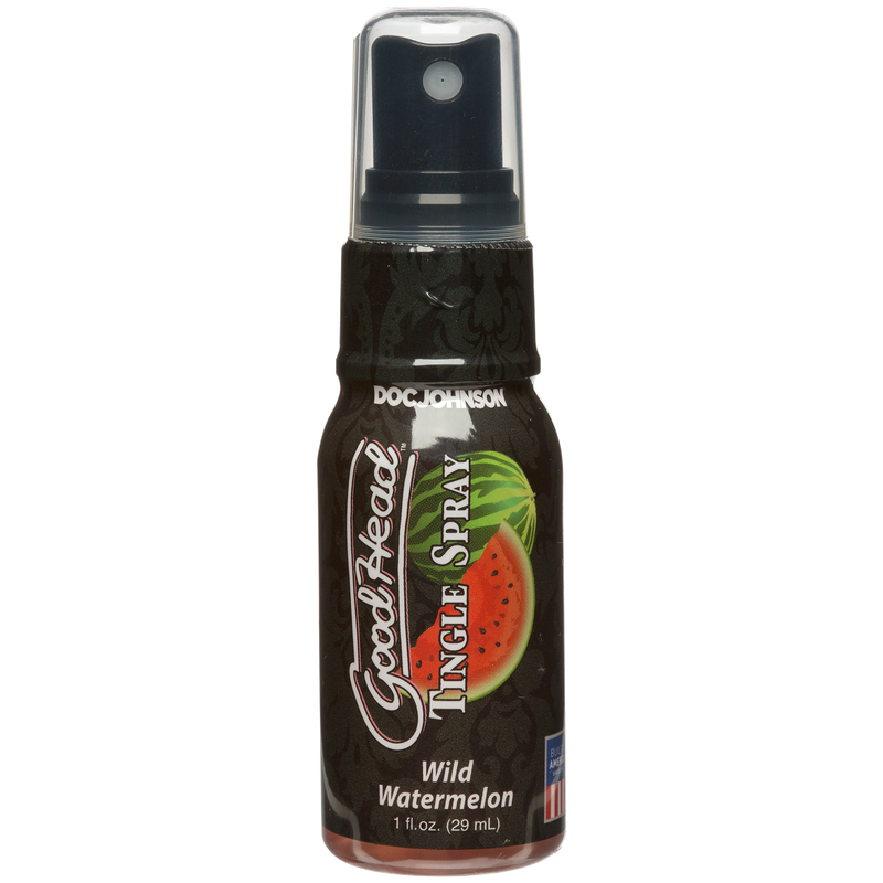 Doc Johnson GoodHead Tingle Spray in Wild Watermelon: tingling oral sex spray in a 1 fl oz (29 ml) black bottle