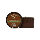 Earthly Body Hemp Seed 3-in-1 massage candle in Guavalava: brown tin with its lid off beside it