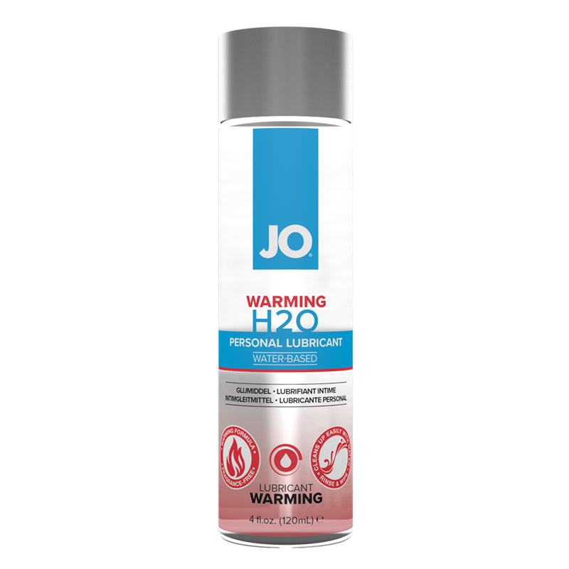 JO H2O Warming, 4 oz: water-based warming lubricant in a clear bottle with a blue and red label