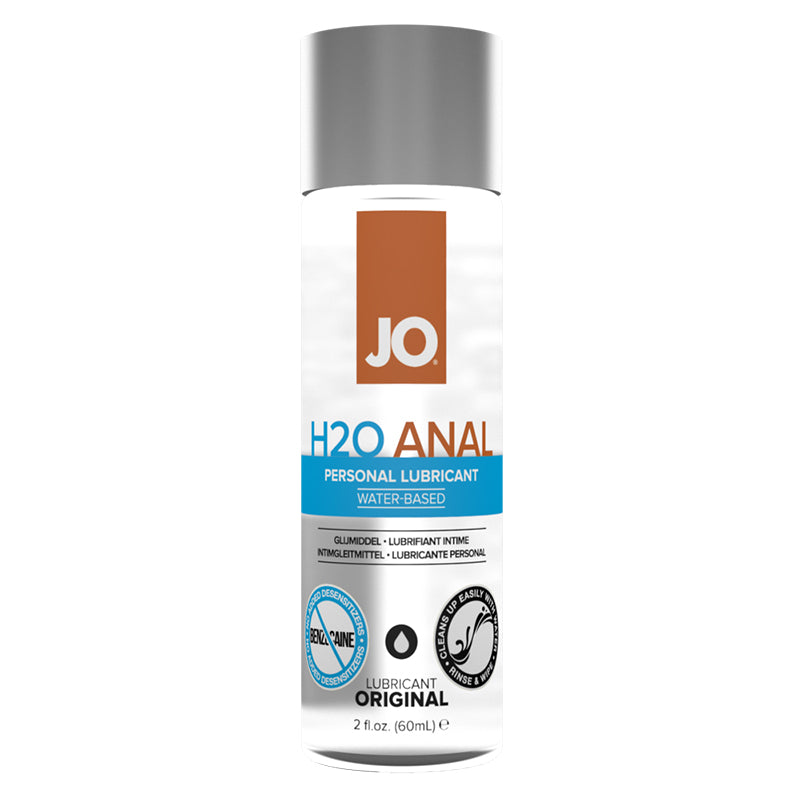 JO H2O Anal Original, 2 oz: water-based anal lubricant in a clear bottle with an orange and blue label
