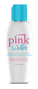 Pink Water water-based lubricant for women: 2.8 oz (80 ml) white bottle with a turquoise flip cap