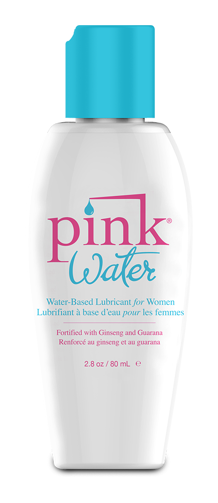 Pink Water water-based lubricant for women: 2.8 oz (80 ml) white bottle with a turquoise flip cap