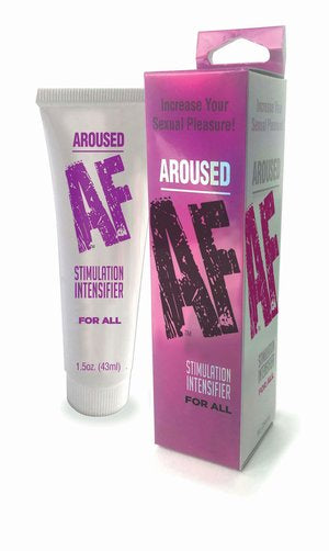 Little Genie Aroused AF stimulation intensifier for all: 1.5 oz (43 ml) white tube beside its pink box