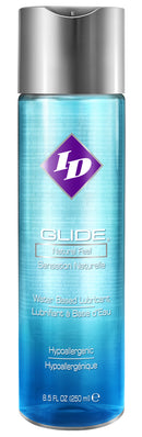 ID Glide: hypoallergenic water-based lubricant in an 8.5 fl oz (250 ml) blue bottle with a silver cap