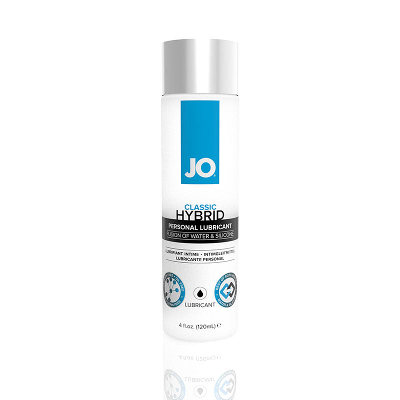 JO Classic Hybrid, 4 oz: water and silicone hybrid lubricant in a white bottle with a blue and black label
