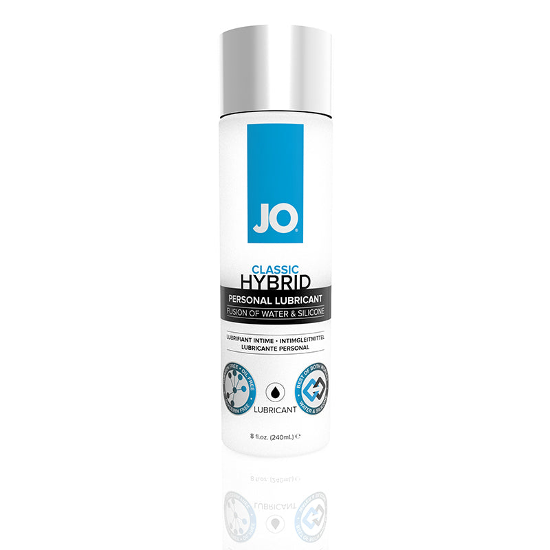 JO Classic Hybrid, 8 oz: water and silicone hybrid lubricant in a white bottle with a blue and black label
