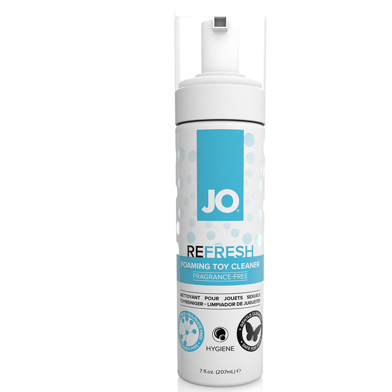 JO Refresh Foaming Toy Cleaner, 7 oz: fragrance-free foaming toy cleaner in a white pump bottle with a blue label