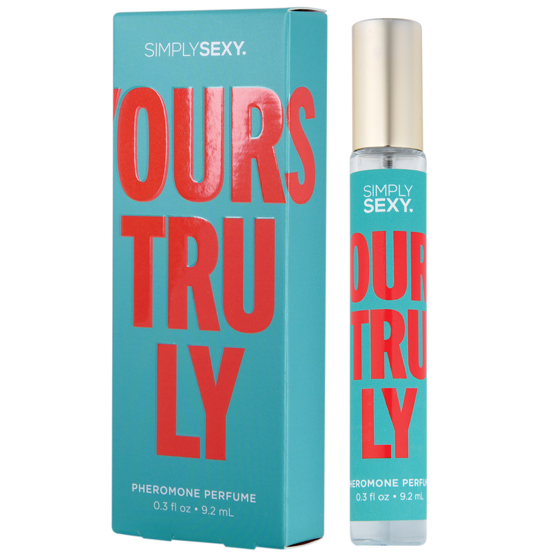 Simply Sexy Yours Truly Pheromone Perfume, 0.3 oz: spray bottle beside its teal and red box